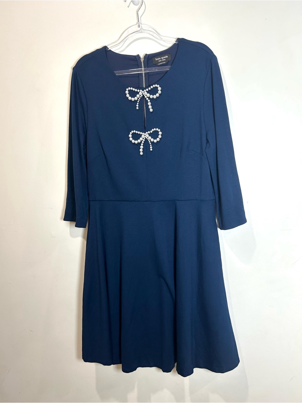 Kate Spade A-line Dress Pearl Bows Women’s XL Navy Blue Stretch Pockets Dressy - Picture 11 of 15